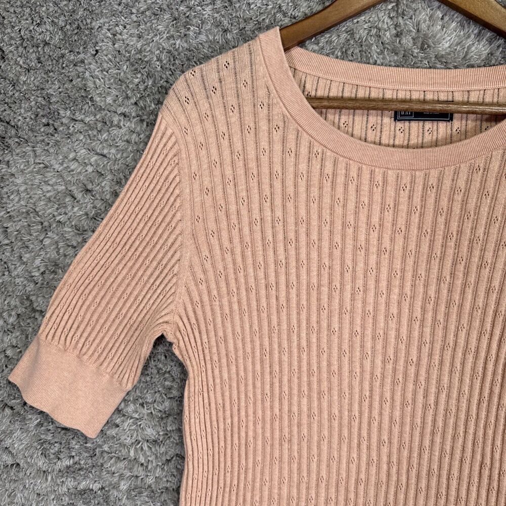 Gap Women’s Short Sleeve Pointelle Knit Sweater Ribbed Large Pastel Peach Pink - Picture 3 of 11